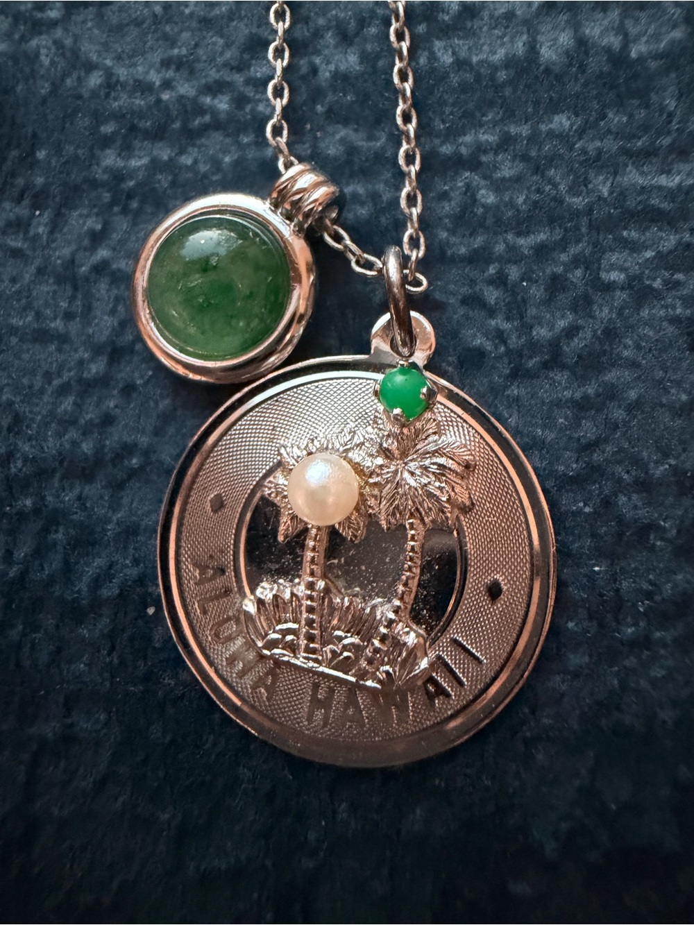 Sterling Silver Plated Emerald Gem and Coin Hawaii Pendant Necklace